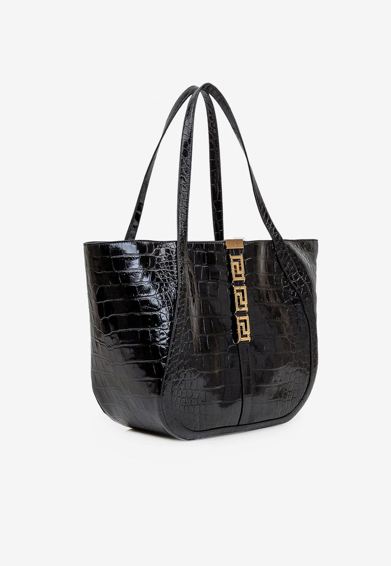 Versace Large Greca Goddess Tote Bag in Croc-Effect Leather Black 1011570 1A08724 1B00V