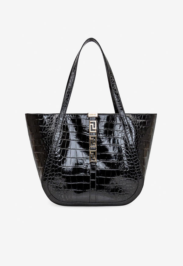 Versace Large Greca Goddess Tote Bag in Croc-Effect Leather Black 1011570 1A08724 1B00V