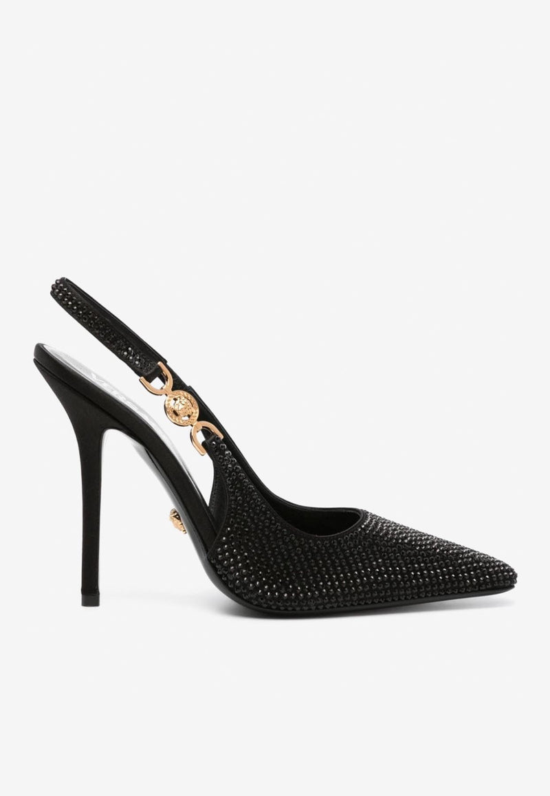 Versace Medusa 
95 110 Crystal Slingback Pumps Black 1012127 1A00868 1B00V