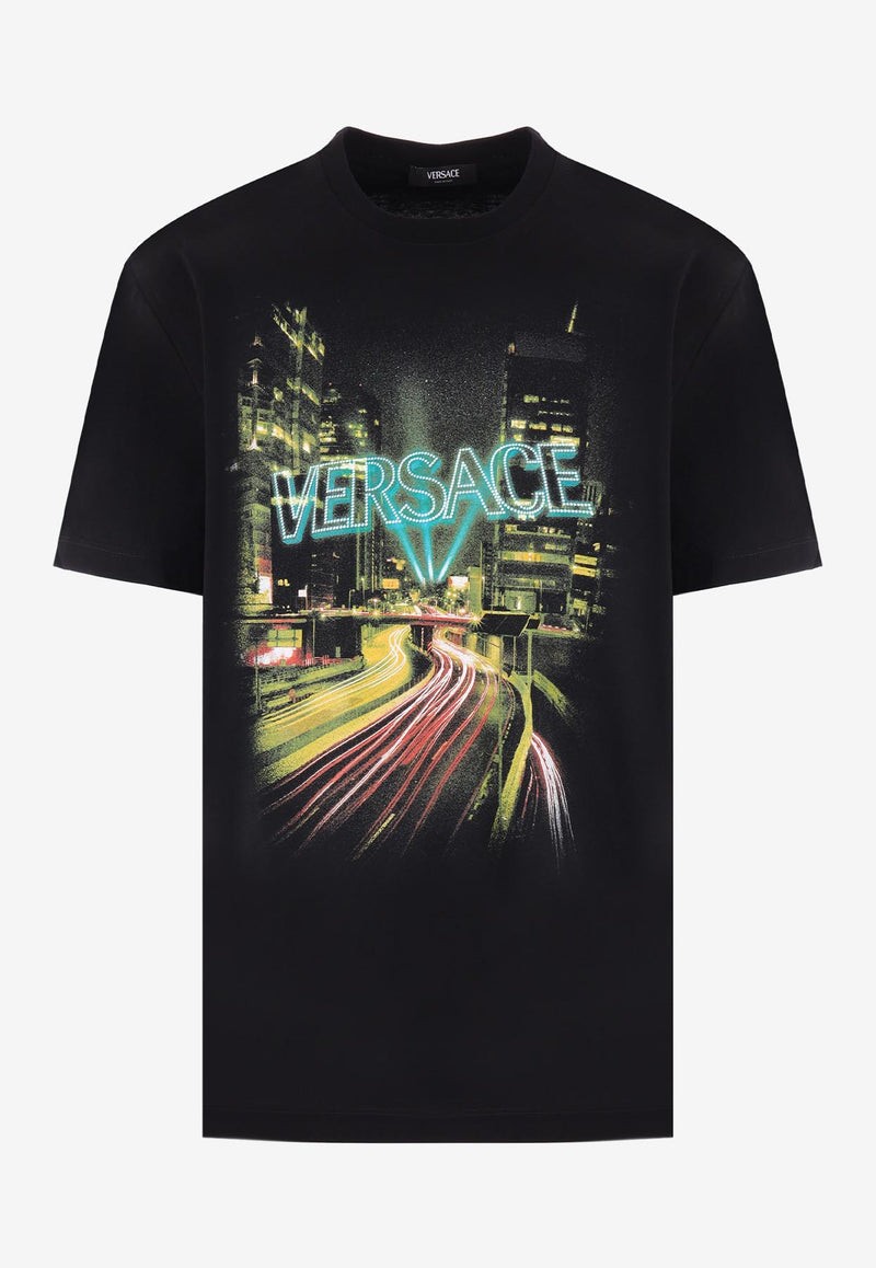 Versace City Lights Print Crewneck T-shirt Black 1012551 1A08992 2B510