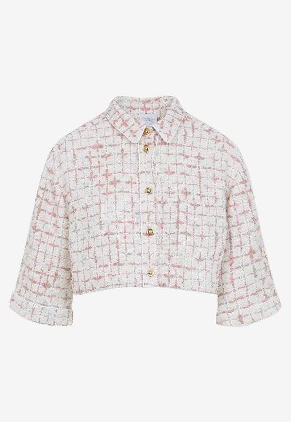 Knitted Grid-Pattern Cropped Shirt