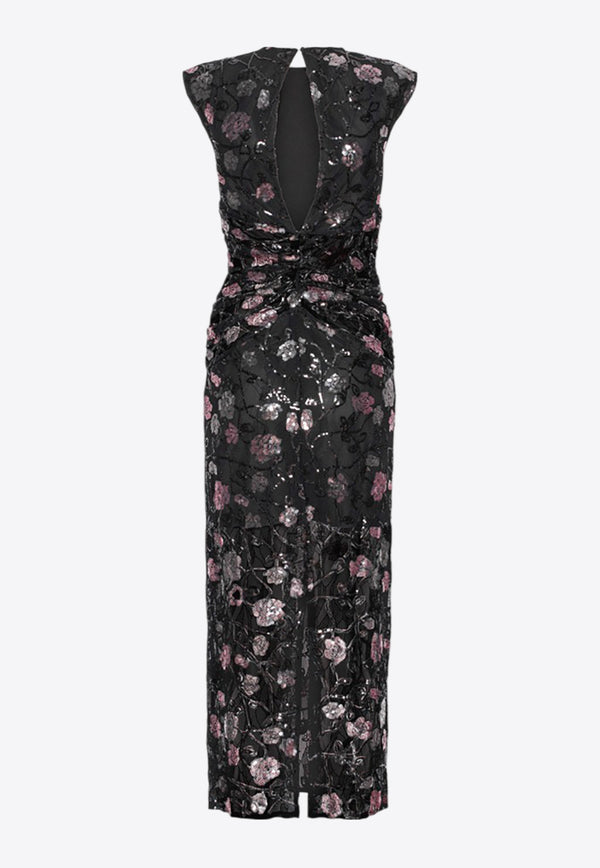 ROTATE Floral Lace Sequined Midi Dress Black 113312100BLACK