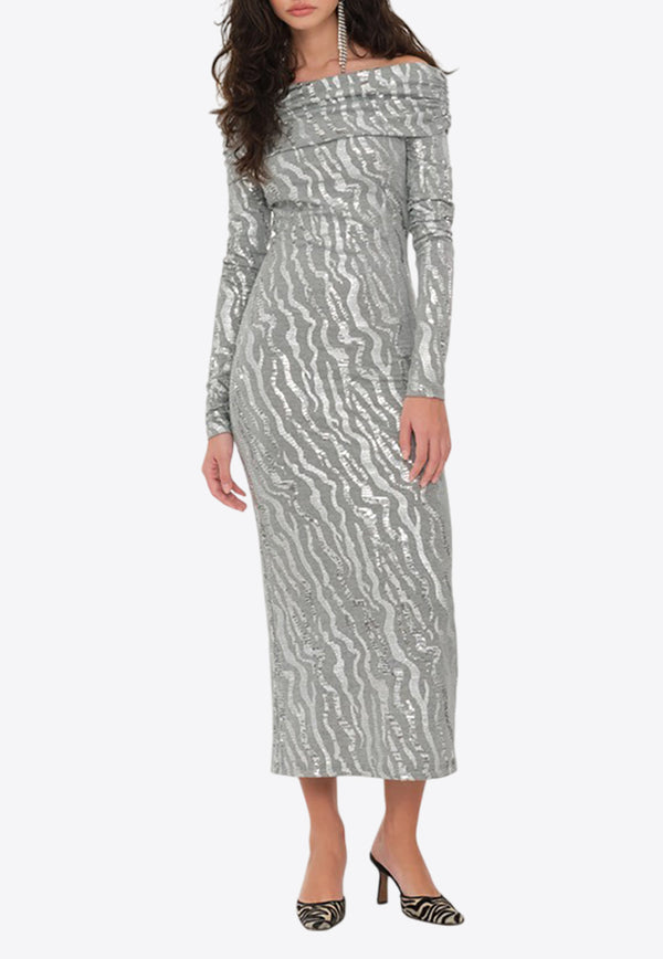 ROTATE Sequined Zebra Off-Shoulder Midi Dress Silver 113439720SILVER