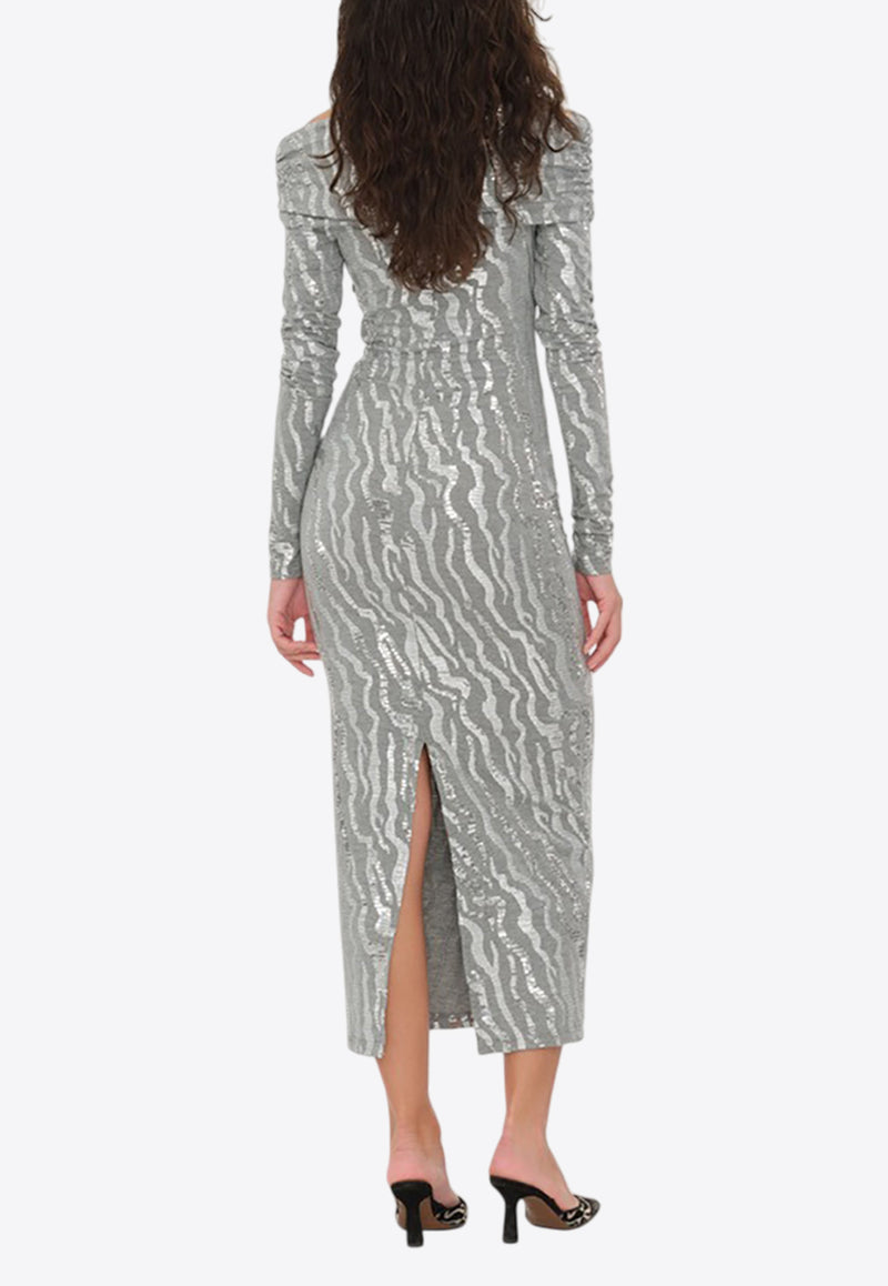 ROTATE Sequined Zebra Off-Shoulder Midi Dress Silver 113439720SILVER