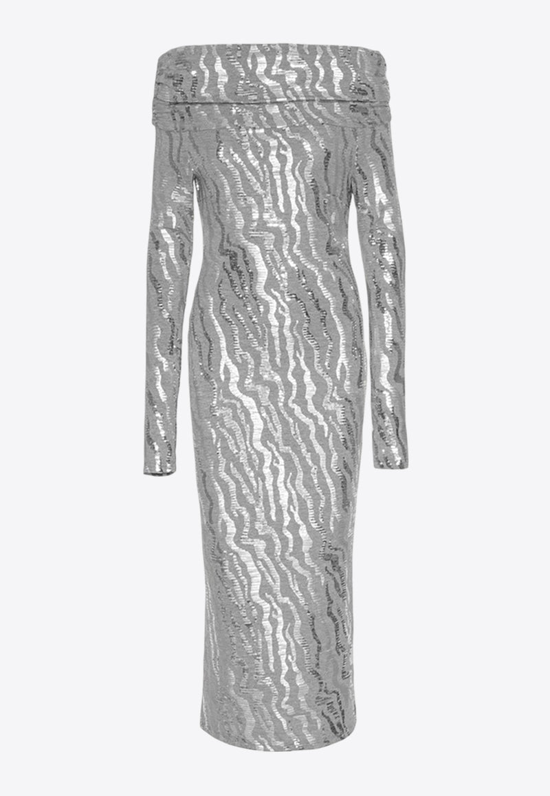 ROTATE Sequined Zebra Off-Shoulder Midi Dress Silver 113439720SILVER