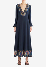 Etro Long-Sleeved V-neck Maxi Dress 11645-5148 0200 Navy