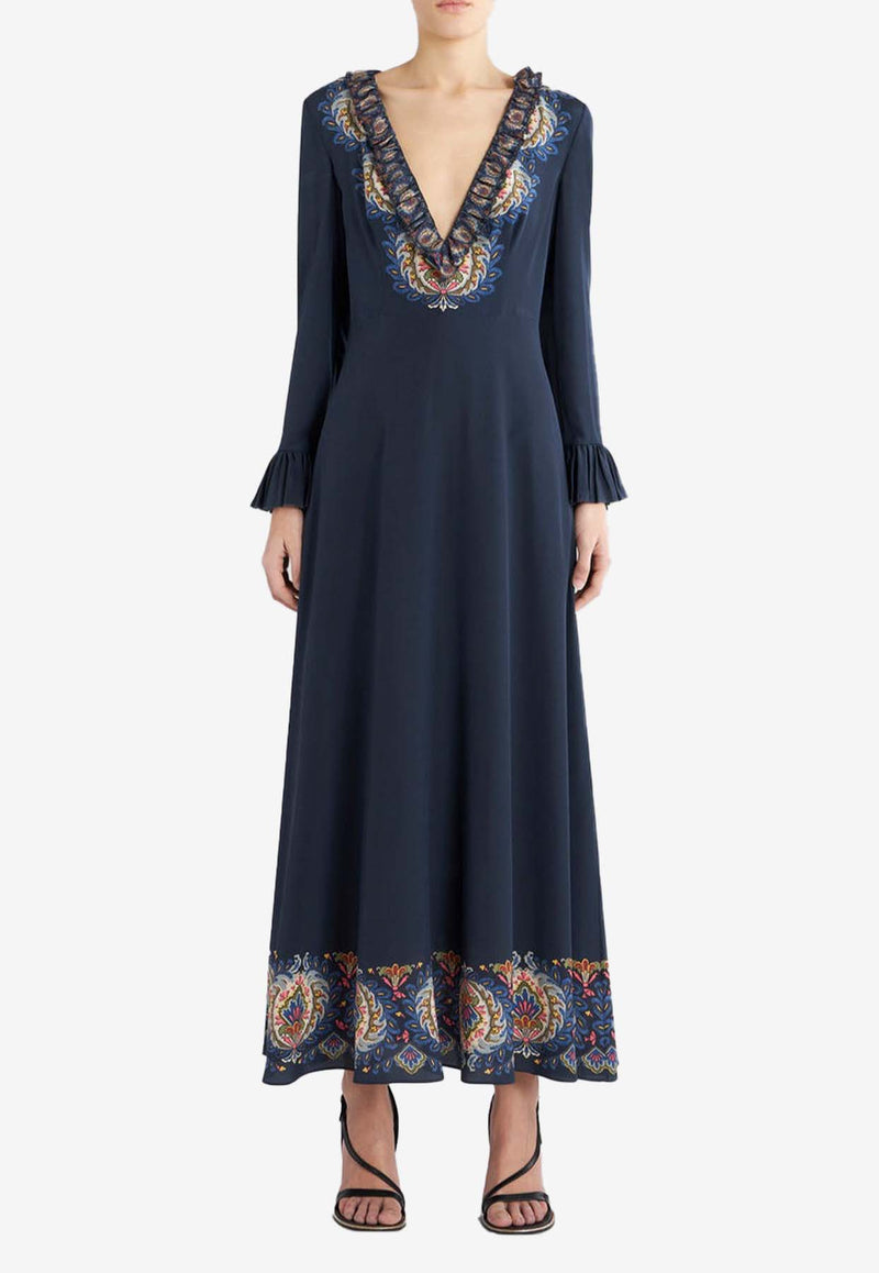 Etro Long-Sleeved V-neck Maxi Dress 11645-5148 0200 Navy