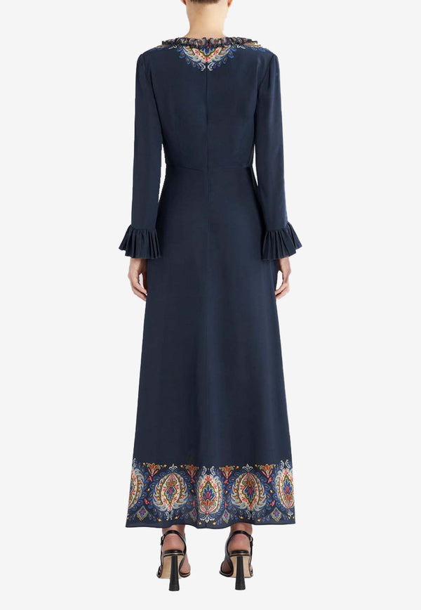 Etro Long-Sleeved V-neck Maxi Dress 11645-5148 0200 Navy