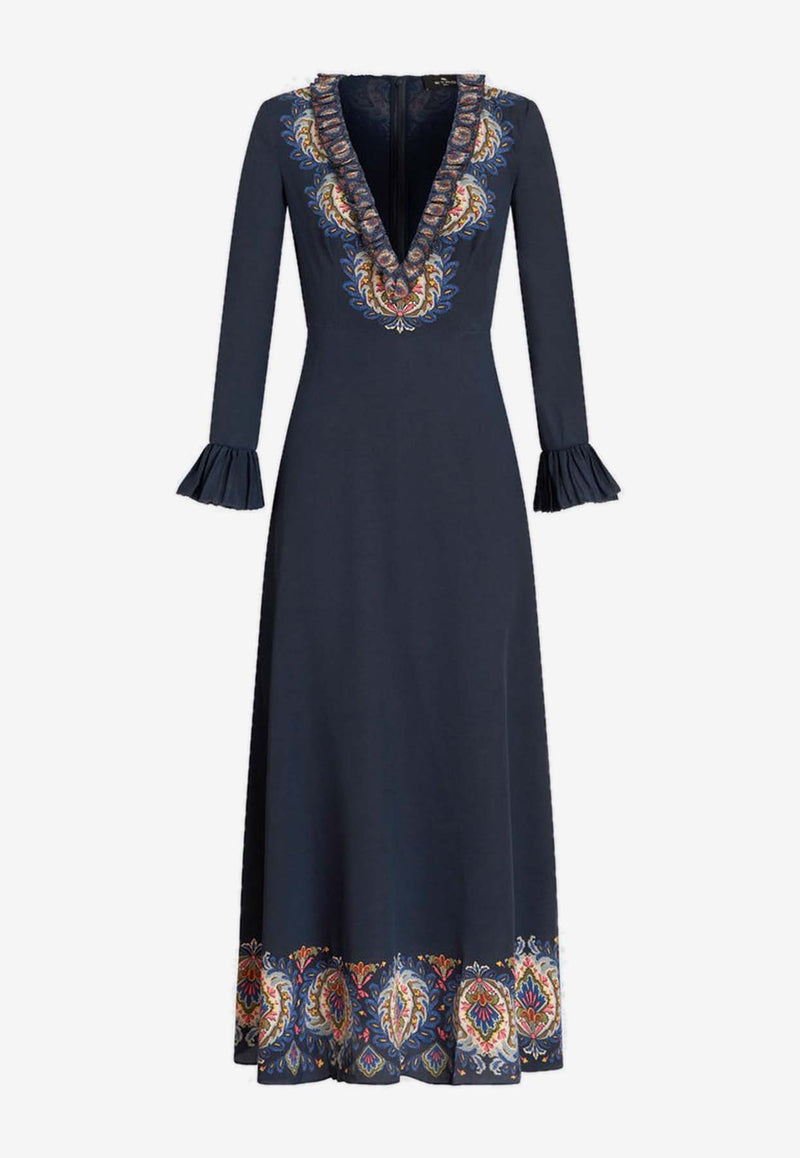 Etro Long-Sleeved V-neck Maxi Dress 11645-5148 0200 Navy