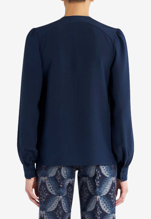 Etro Foliage Embroidered Silk Blouse 11786-7221 0200 Navy