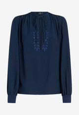 Etro Foliage Embroidered Silk Blouse 11786-7221 0200 Navy