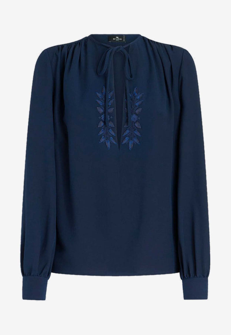 Etro Foliage Embroidered Silk Blouse 11786-7221 0200 Navy