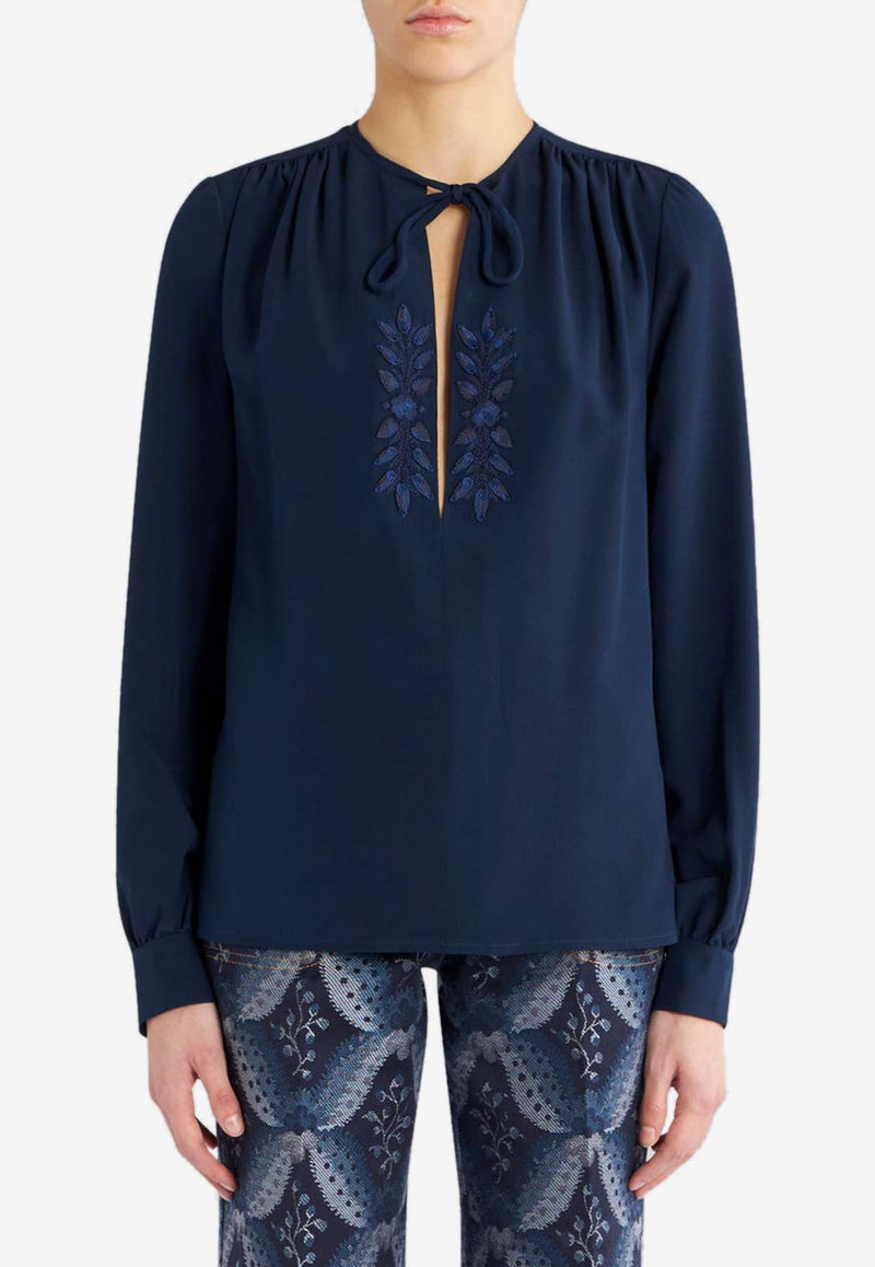 Etro Foliage Embroidered Silk Blouse 11786-7221 0200 Navy