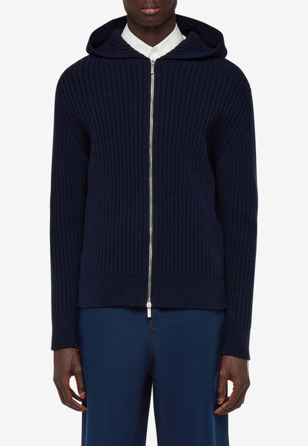 Salvatore Ferragamo Rib-Knit Hooded Cardigan in Wool 122426 B 775749 NEW NAVY Navy