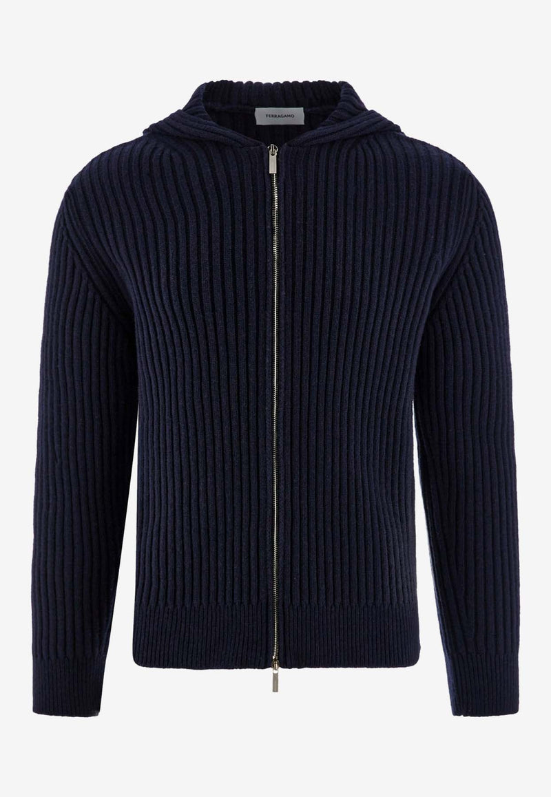 Salvatore Ferragamo Rib-Knit Hooded Cardigan in Wool 122426 B 775749 NEW NAVY Navy