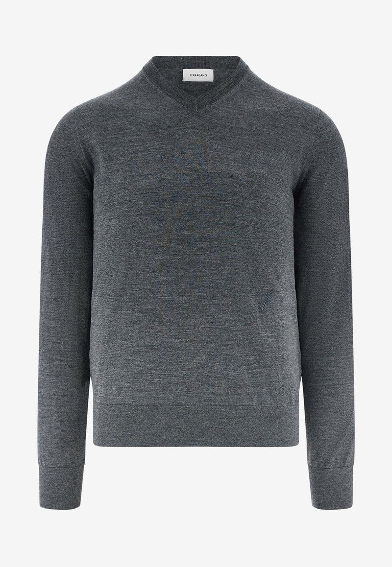 Salvatore Ferragamo V-neck Wool Sweater 122428 E 775826 CHARCOAL Gray