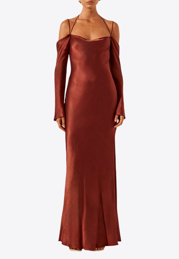 Shona Joy Lino Off-Shoulder Satin Maxi Dress Bordeaux 1244050MAROON