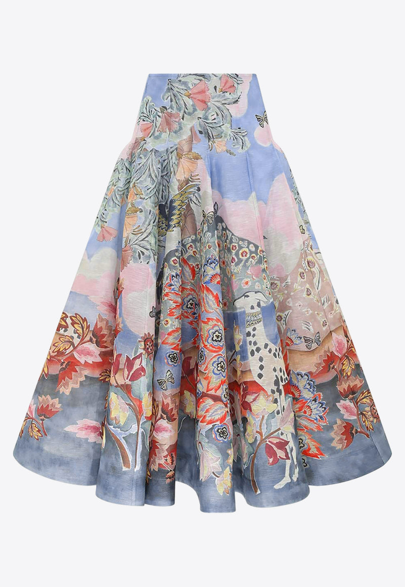 Zimmermann Illustration Godet Floral Midi Skirt Blue 1358SF241BLUE