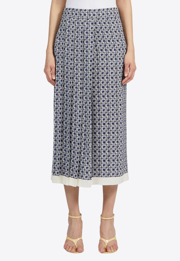 Salvatore Ferragamo Printed Check Midi Skirt 13C956 S 770272 NEW NAVY Navy