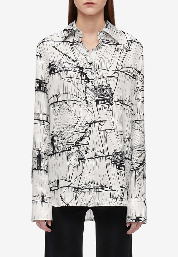 Salvatore Ferragamo Veliero Print Silk Shirt 13F799 C 775615 WHITE/NERO Monochrome