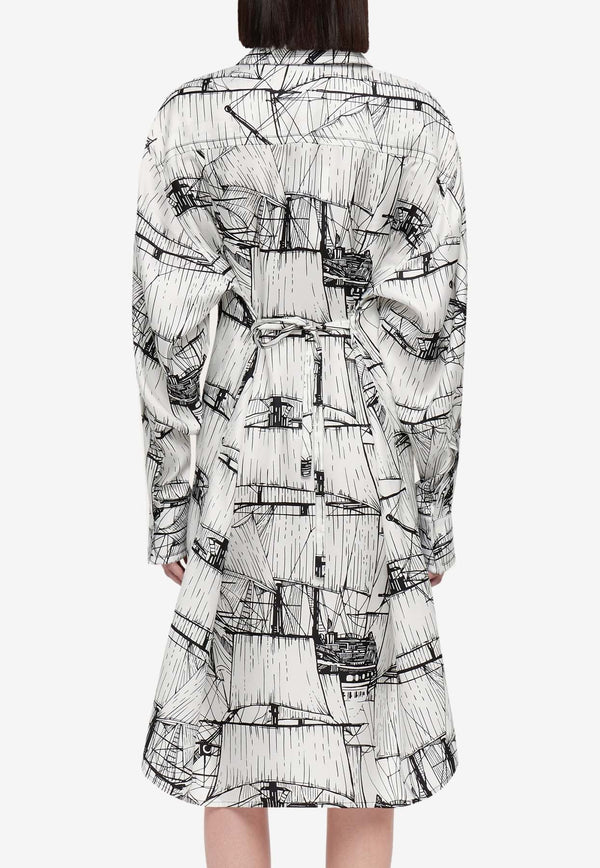 Salvatore Ferragamo Veliero Print Silk Shirt Dress 13F969 A 776693 WHITE/NERO Monochrome