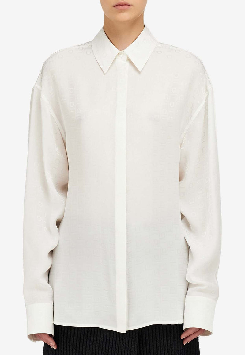 Salvatore Ferragamo Monogram Print Button-Up Silk Shirt White 13G779 C 781825 MASCARPONE