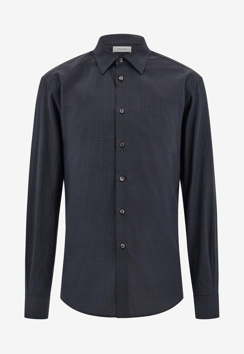 Salvatore Ferragamo Micro Logo Pattern Button-Up Shirt Black 144305 C 780348 NERO/NEW NAVY