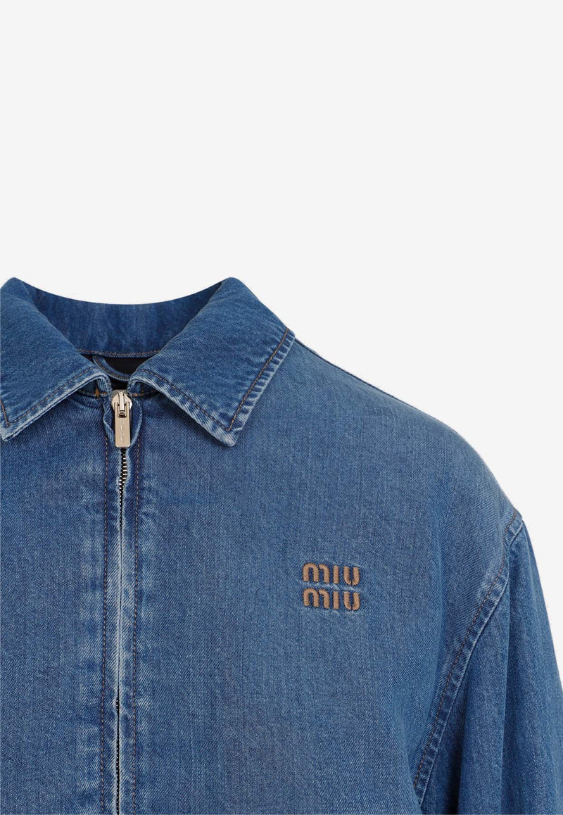 Logo-Embroidered Zip-Up Denim Jacket