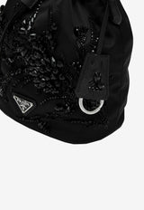 Prada Mini Re-Nylon Embroidered Bucket Bag Black 1BE067WRM2C4Q/P_PRADA-F0002