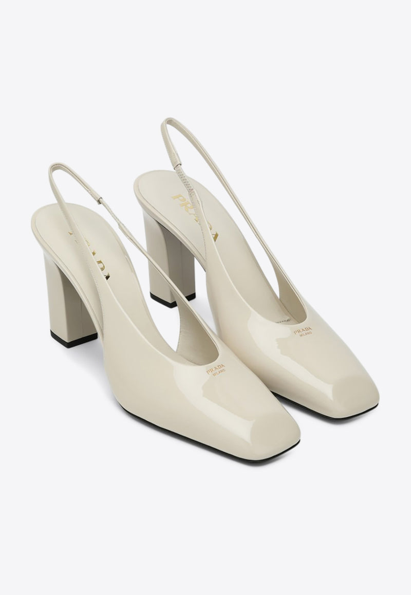 Prada 85 Patent Leather Slingback Pumps Ivory 1I838N085069/Q_PRADA-F0304