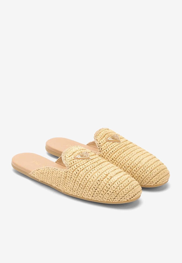 Prada Logo Appliqué Woven Crochet Flat Mules Beige 1S435N0052C2T/O_PRADA-F0018