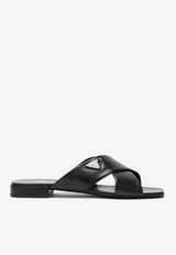 Prada Logo Plaque Leather Flat Sandals Black 1XX65901007I/O_PRADA-F0002