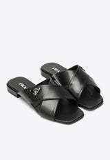 Prada Logo Plaque Leather Flat Sandals Black 1XX65901007I/O_PRADA-F0002