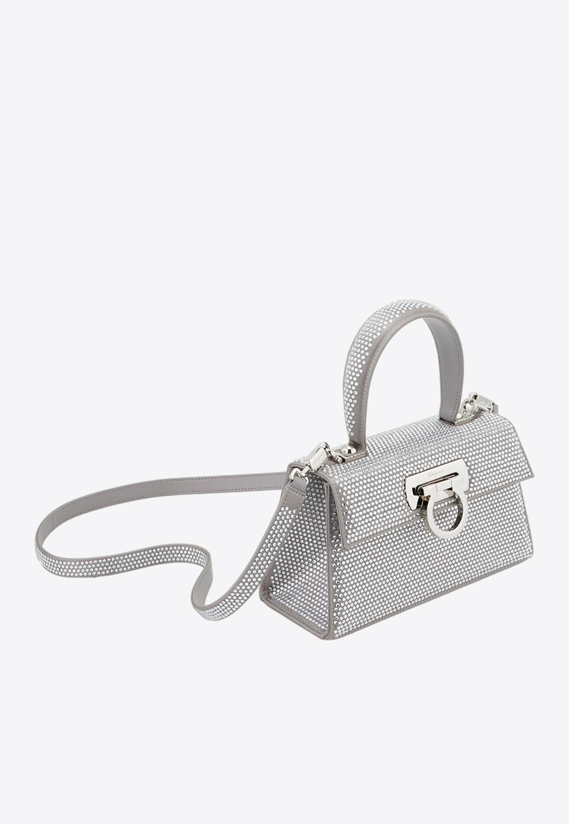 Salvatore Ferragamo Iconic Crystal-Embellished Top Handle Bag 214187 T HANDLE EW 769234 SILVER Silver