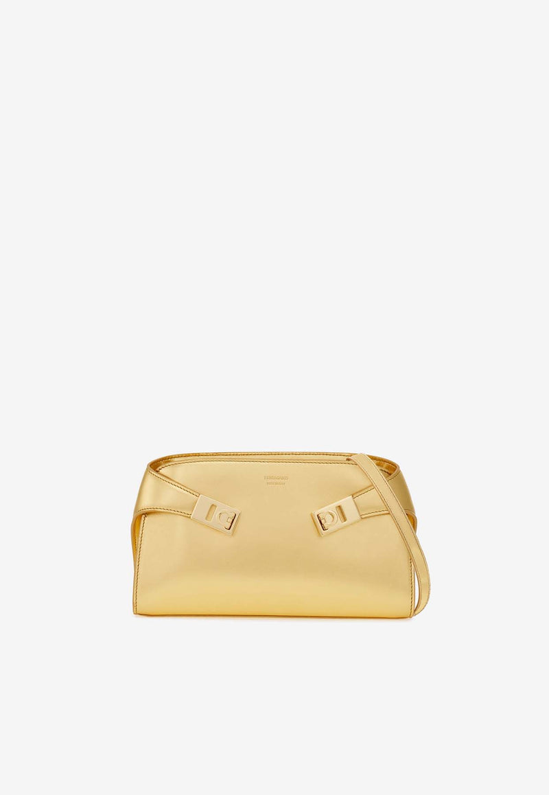 Salvatore Ferragamo Mini Hug Metallic-Leather Crossbody Bag Gold 218964 HUG CB E/W 778320 ORO OPALE