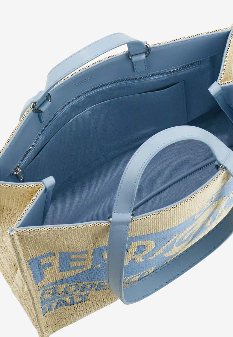 Salvatore Ferragamo Medium TT Sign Woven Raffia Tote Bag Natural 219406 TT SIGN M 773822 NATURALE/SKY BLU