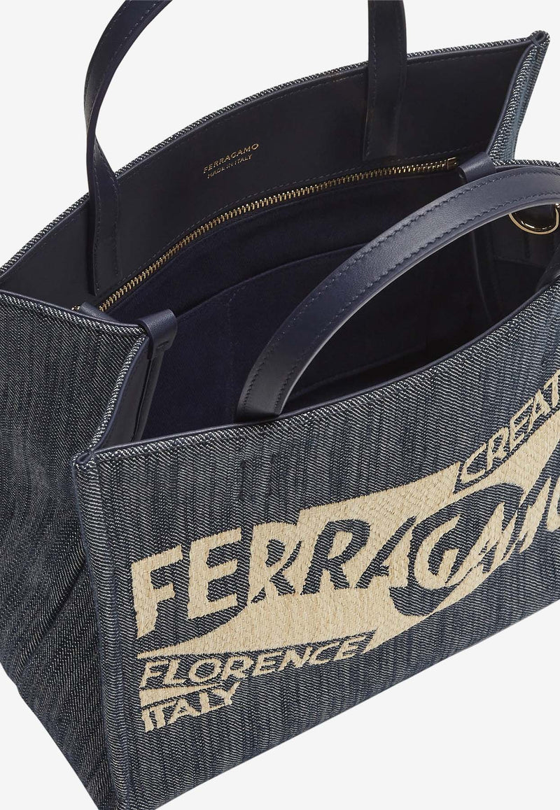 Salvatore Ferragamo Small TT Sign Denim Tote Bag Denim 219407 TT SIGN S 773819 DENIM/NATURALE