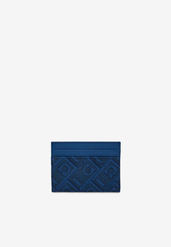 Salvatore Ferragamo Monogram Leather and Jacquard Fabric Cardholder Teal 220878 PRTA CARTE 779879 TEAL BLUE