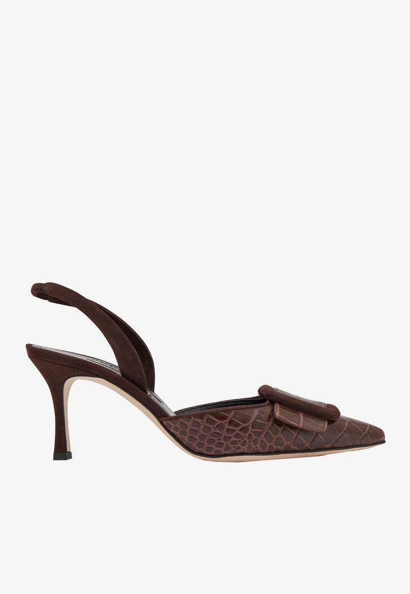 Manolo Blahnik Mayslibi 70 Croc-Embossed Slingback Pumps Brown 224-1713BROWN