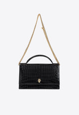 Skull Top Handle Bag in Croc-Embossed Leather