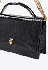 Skull Top Handle Bag in Croc-Embossed Leather