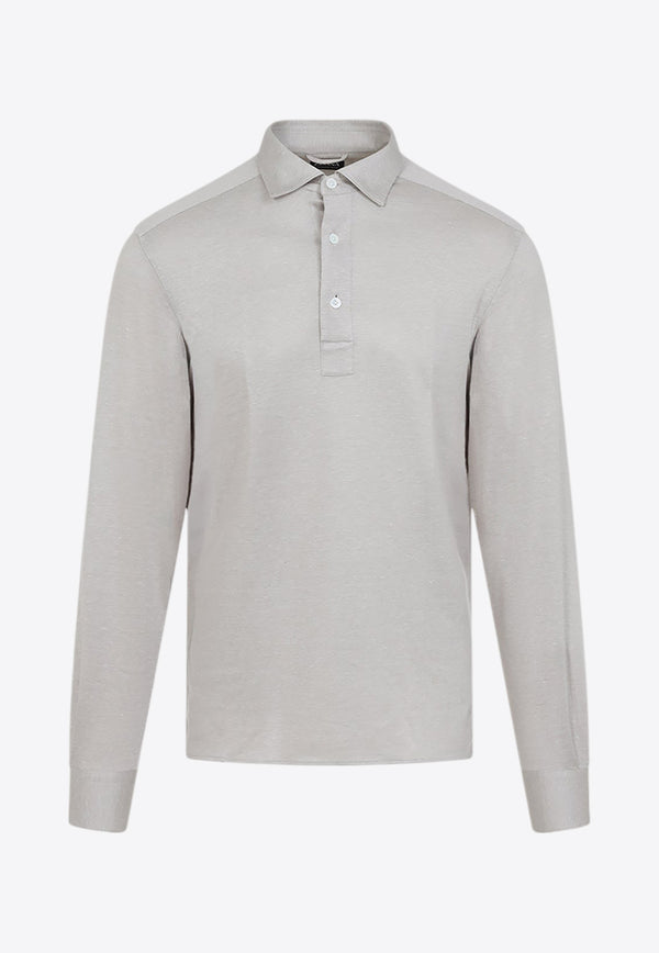 Long-Sleeved Polo T-shirt in Silk and Linen Blend