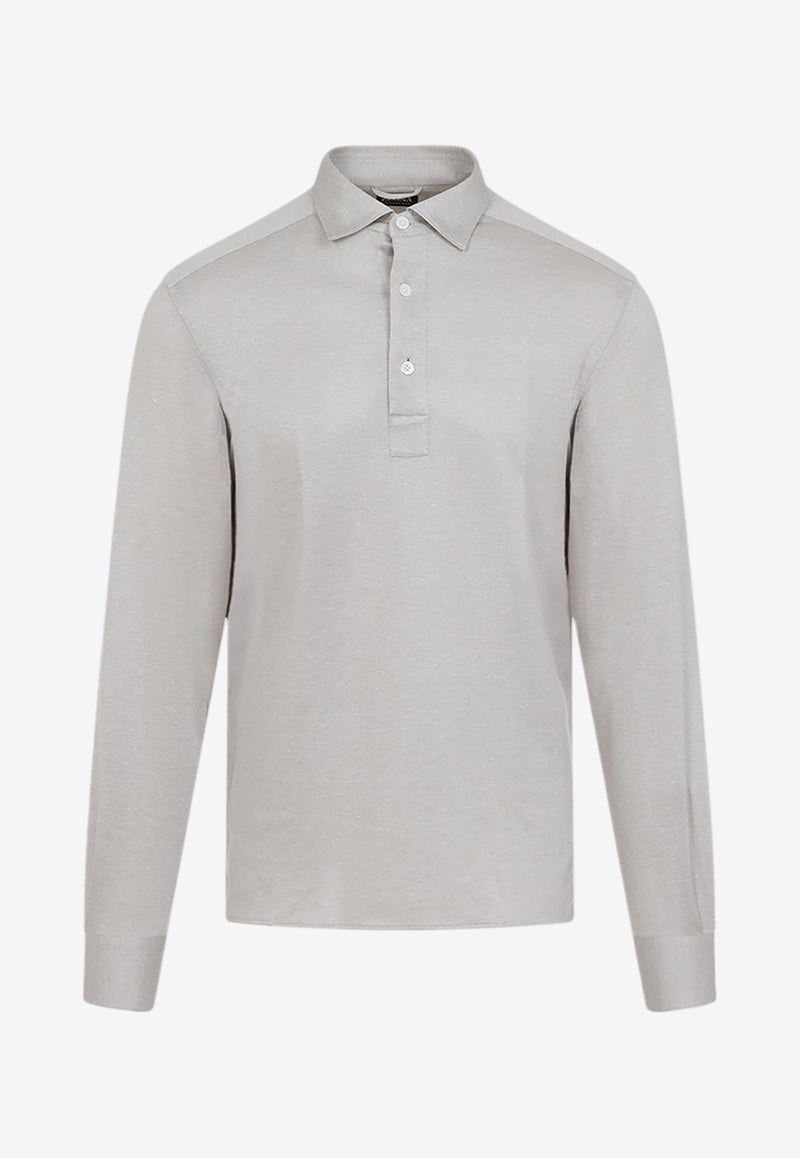 Long-Sleeved Polo T-shirt in Silk and Linen Blend