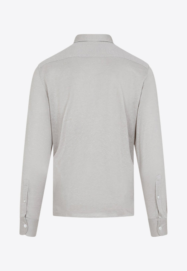 Long-Sleeved Polo T-shirt in Silk and Linen Blend