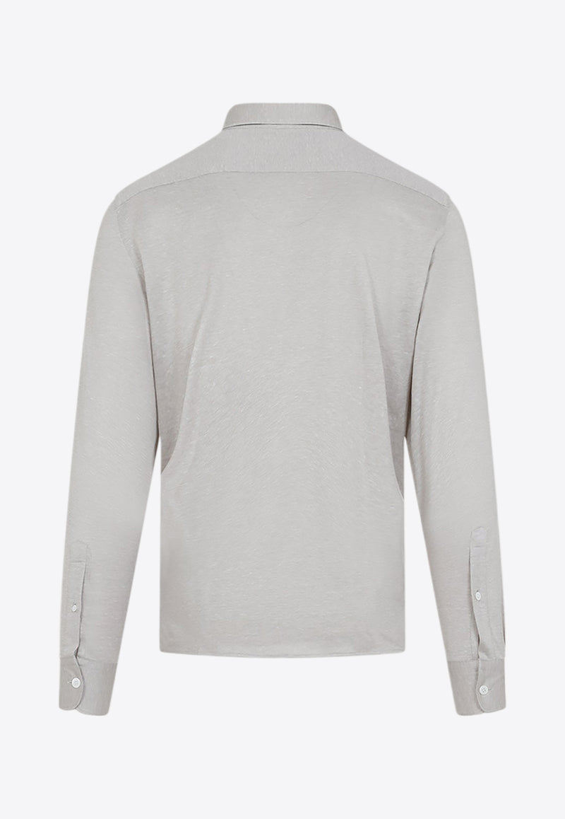 Long-Sleeved Polo T-shirt in Silk and Linen Blend