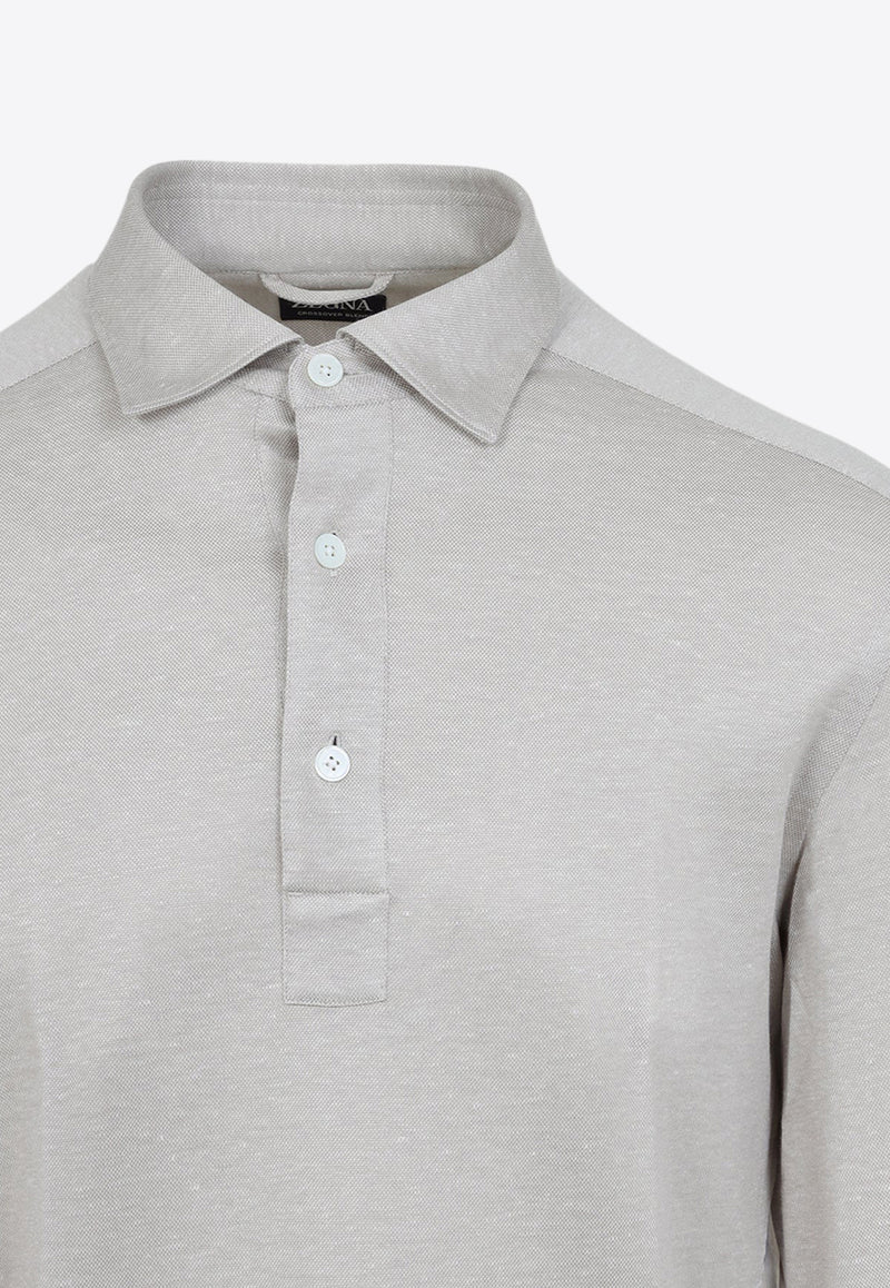 Long-Sleeved Polo T-shirt in Silk and Linen Blend