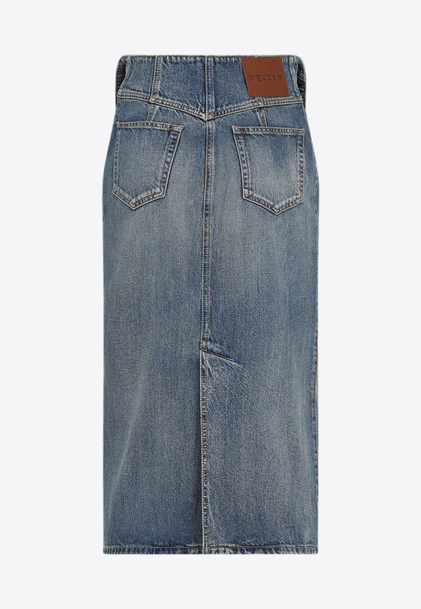 Fold Over Waist Midi Denim Skirt