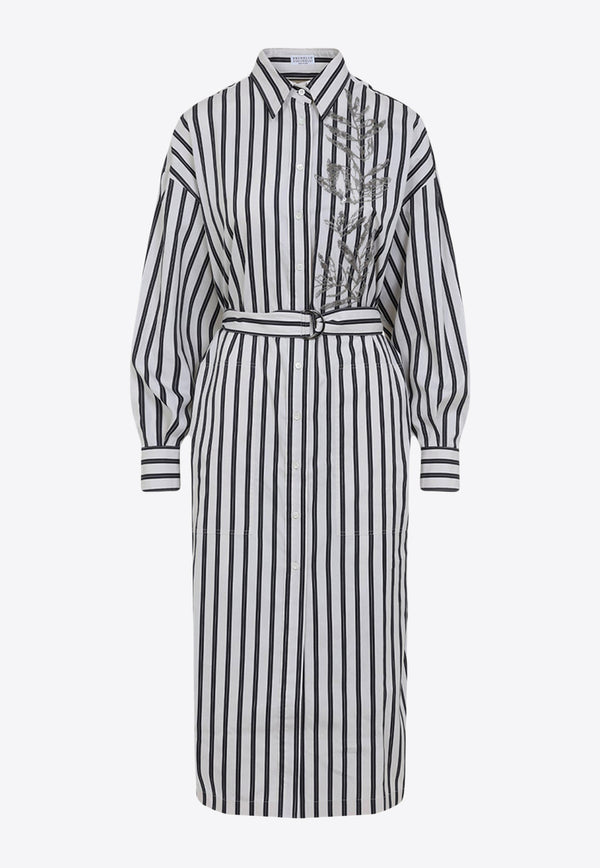 Striped Midi Shirt Dress with Floral Embroidery