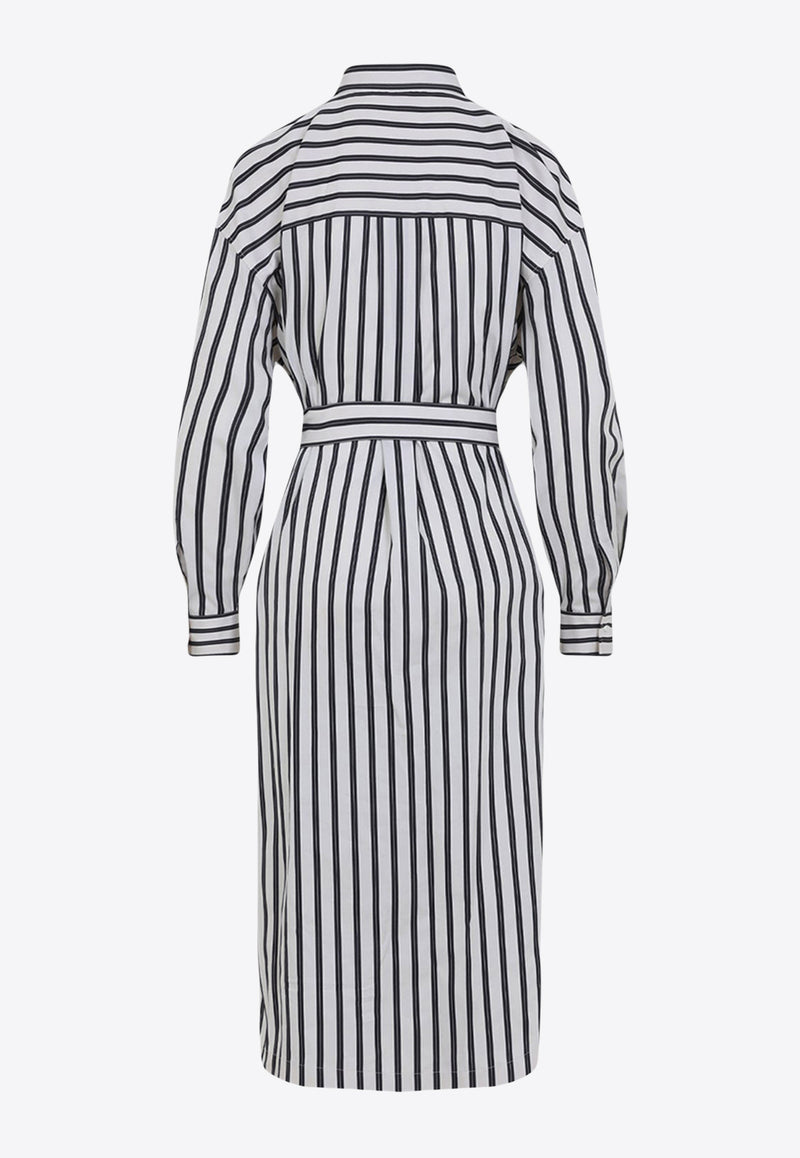 Striped Midi Shirt Dress with Floral Embroidery