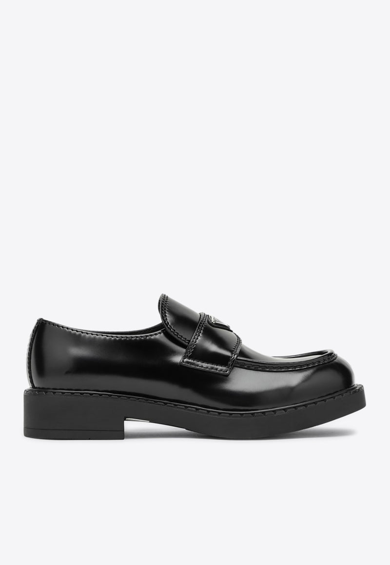 Prada Triangle Logo Chocolate Brushed Leather Loafers Black 2DE127G000055/Q_PRADA-F0002